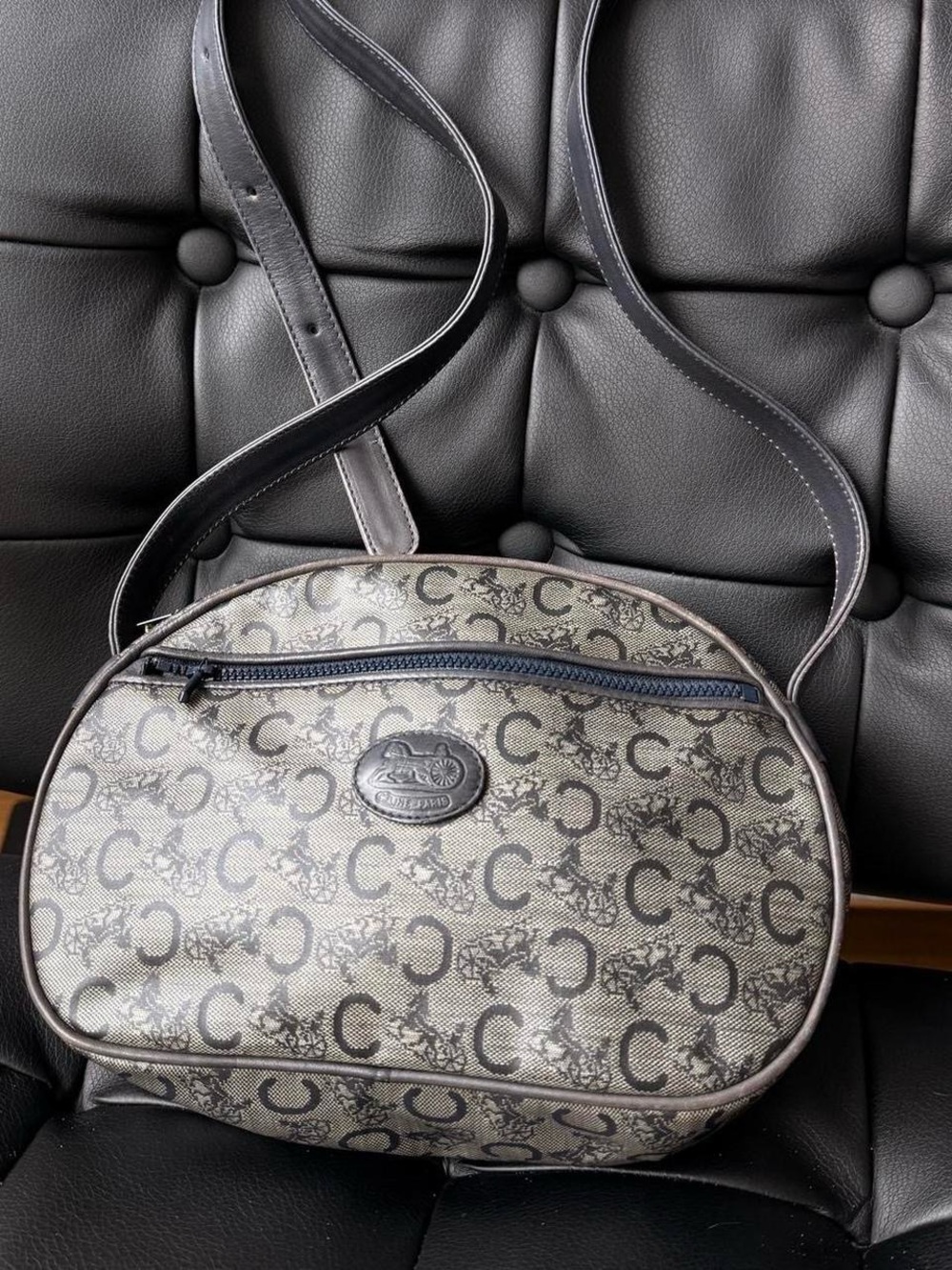 90s CELINE PARIS Monogram Navy & Gray Zip Up Mini Crossbody Shoulder Bav